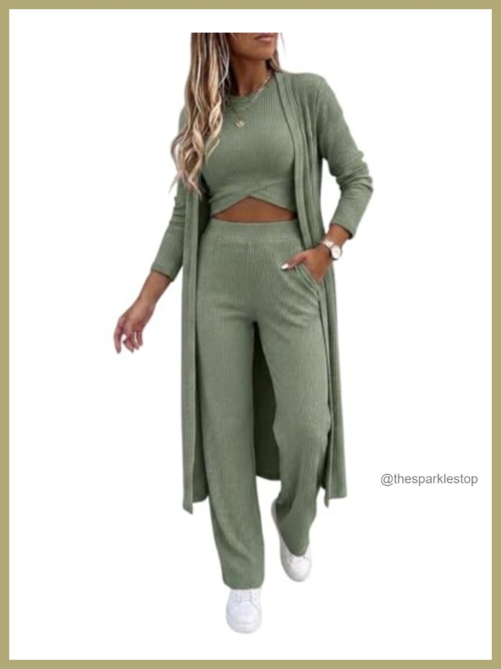 3 Piece Ribbed Lounge Set Long Cardigan Criss Cross Top Wide Leg Pants